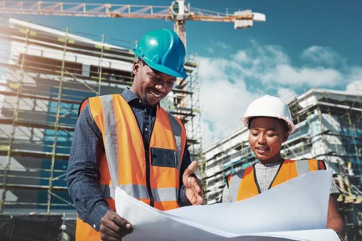 Two construction workers in helmets and reflective vests examining blueprints at building site.