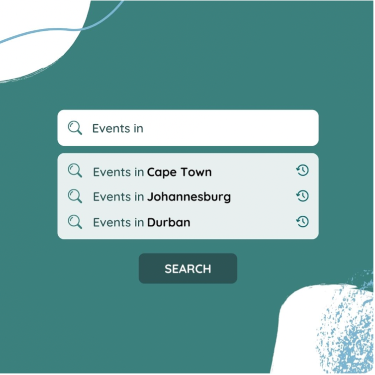 Search interface displaying event locations and search functionality.